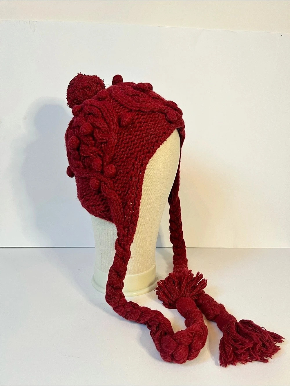 Knit Pom Earflap Hat in Red Like New